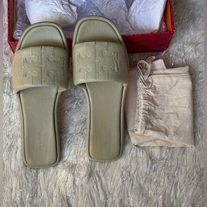 Tory Burch Olive Sprig Women’s Double T Sport Slide Tumbled Leather Size 9.5